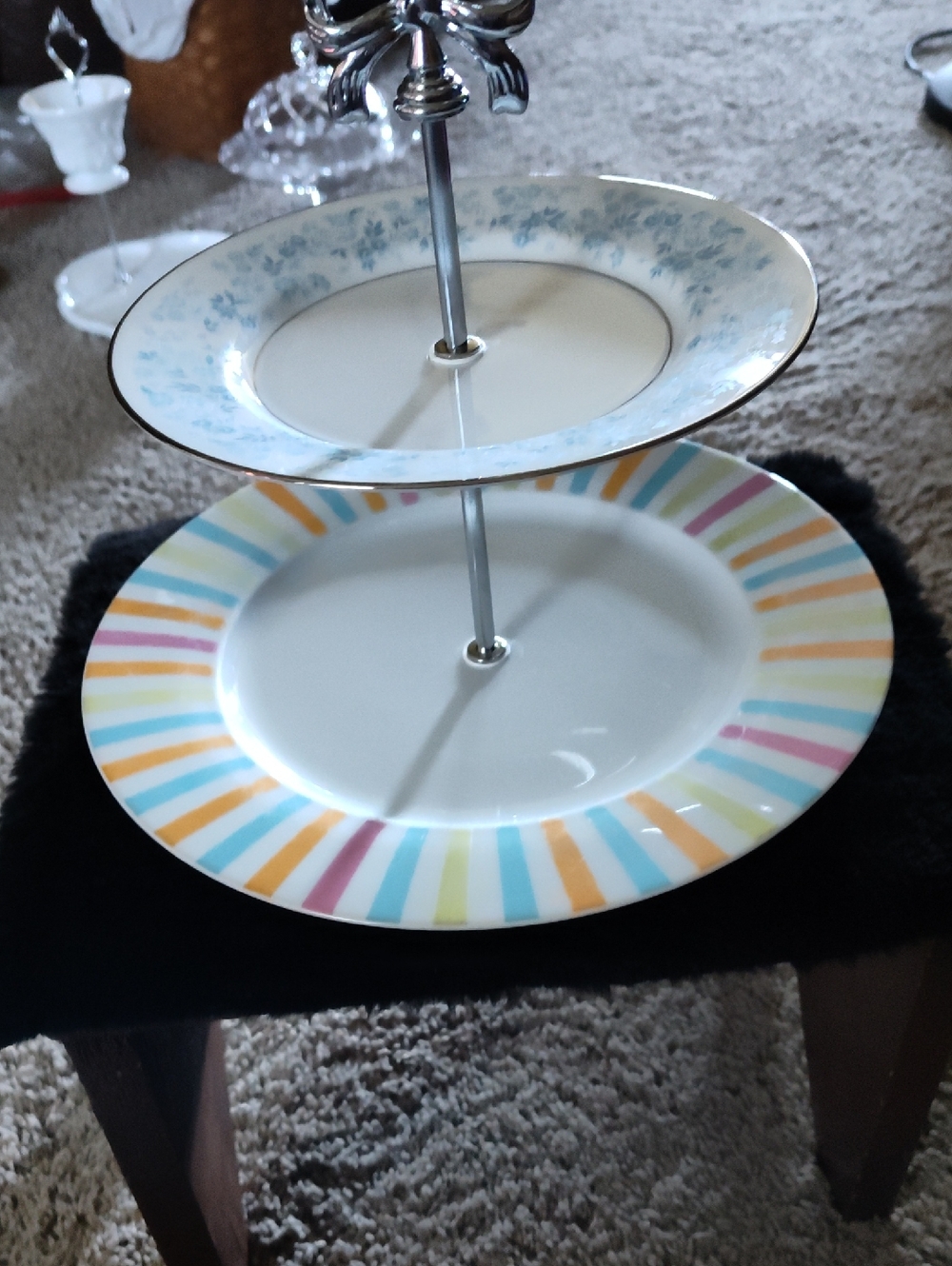 Two-Tier Dessert -Jewelry Stand with Pastel Multicolor Stripes